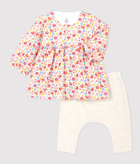 Vestido con leggings de flores de bebé de niña de lana y algodón orgánico beige MONTELIMAR/blanco MULTICO
