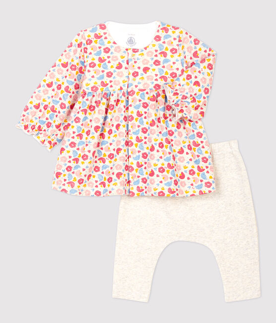 Vestido con leggings de flores de bebé de niña de lana y algodón orgánico beige MONTELIMAR/blanco MULTICO