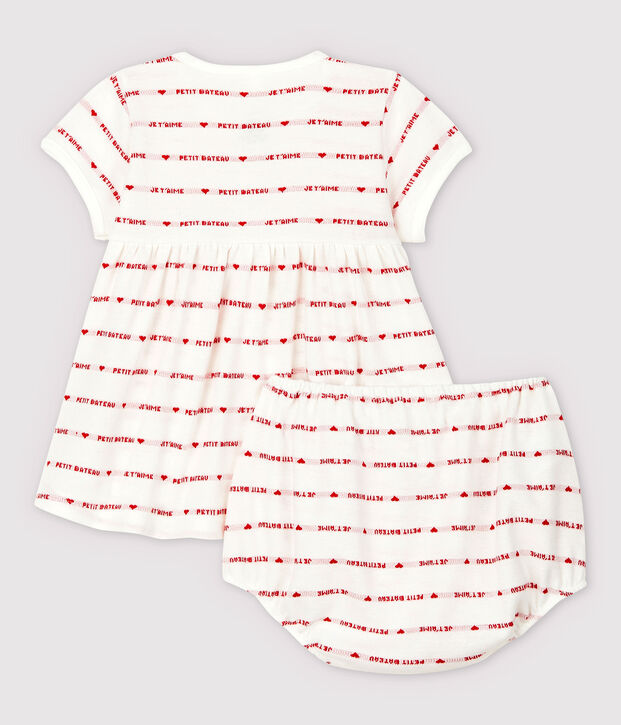 Vestido de manga corta con braguitas bloomer de beb&eacute; ni&ntilde;a en jacquard de algod&oacute;n ecol&oacute;gico blanco/rojo