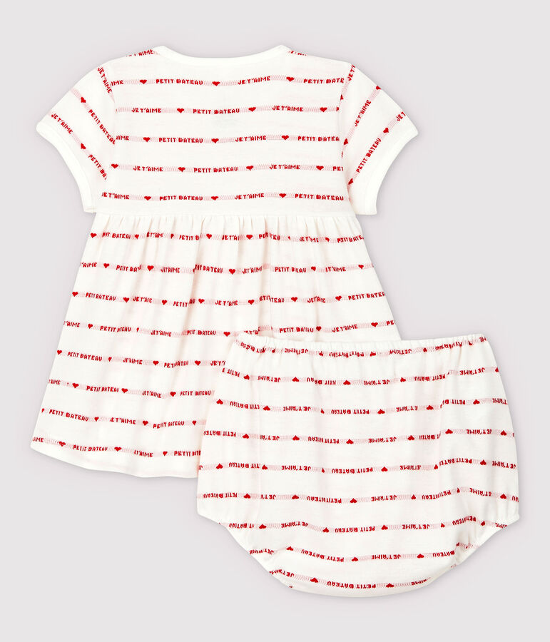 Vestido de manga corta con braguitas bloomer de beb&eacute; ni&ntilde;a en jacquard de algod&oacute;n ecol&oacute;gico blanco MARSHMALLOW/rojo TERKUIT
