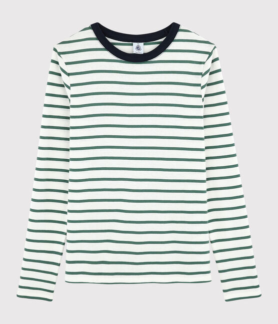 Camiseta de cuello redondo emblemática de algodón de mujer blanco MARSHMALLOW/verde VALLEE
