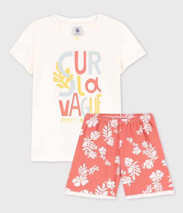 Pijama corto hawaiano de algod&oacute;n rosa para ni&ntilde;a blanco/rosa