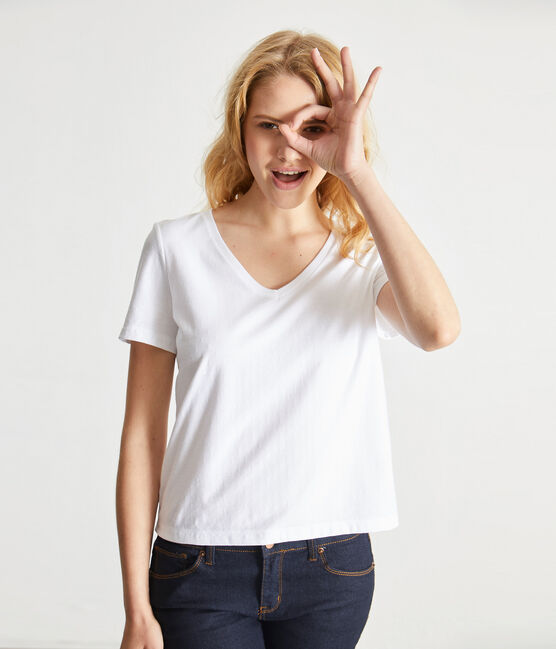 Camiseta en jersey ligero con cuello en pico para mujer blanco ECUME