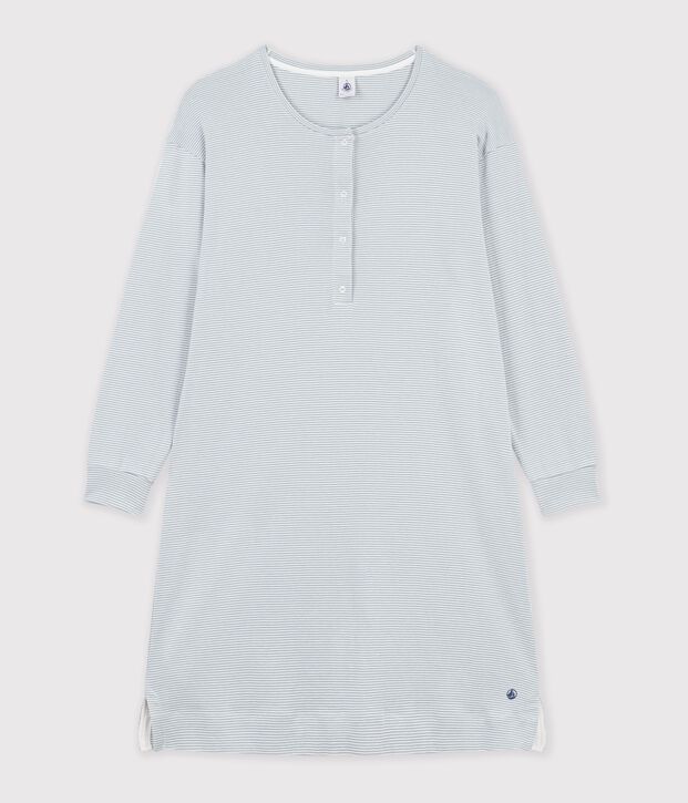 Camis&oacute;n de algod&oacute;n a rayas con cuello mao para mujer gris/blanco