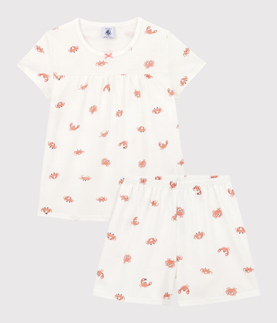 Pijama corto de algodón con cangrejos para niña blanco MARSHMALLOW/blanco MULTICO