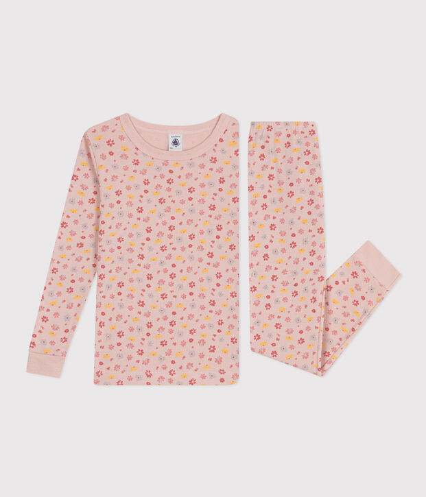 Pijama infantil ajustado de algod&oacute;n con estampado de flores rosa/blanco