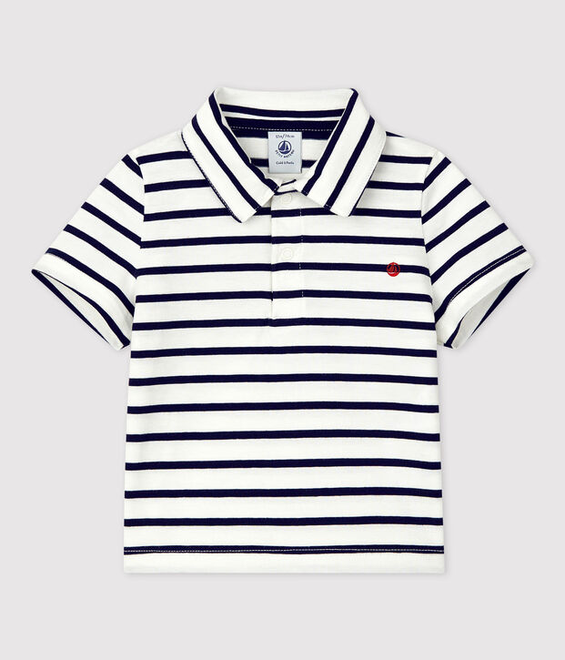 Polo de manga corta a rayas marineras de jersey para beb&eacute; blanco/azul