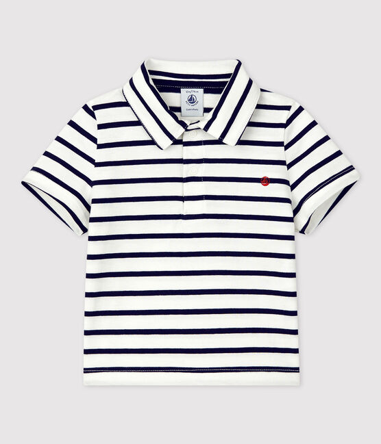 Polo de manga corta a rayas marineras de jersey para bebé blanco MARSHMALLOW/azul SMOKING