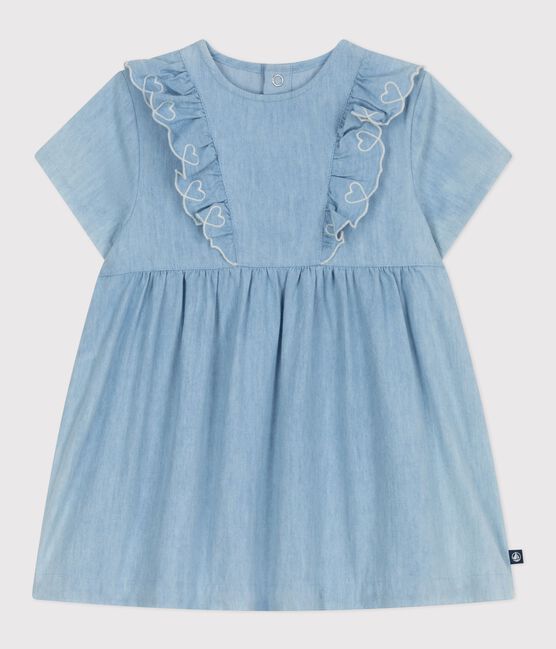 Vestido de algodón chambray de manga corta con bordado con corazones para bebé azul BLEU CLAIR