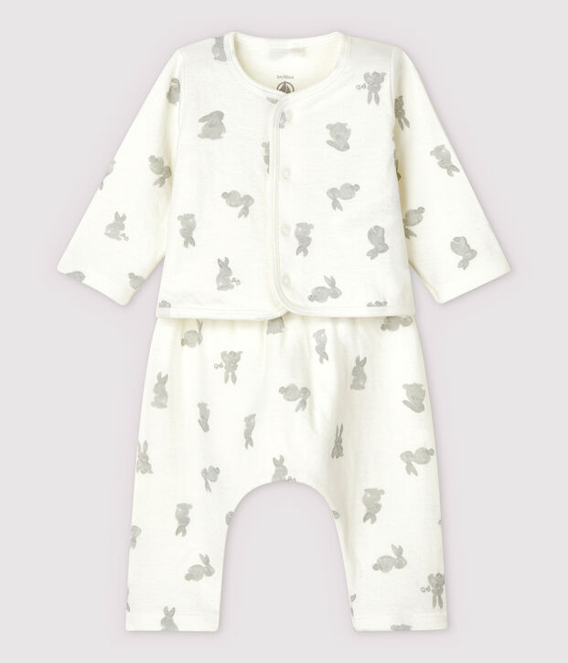 Conjunto de 2 prendas blancas de conejitos de tejido tubular de algod&oacute;n ecol&oacute;gico de beb&eacute; blanco/gris