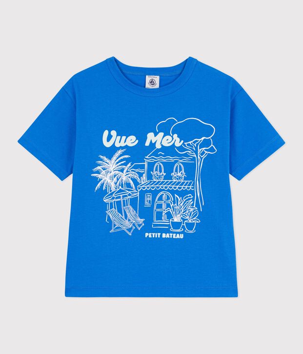 Camiseta infantil de manga corta de algod&oacute;n azul