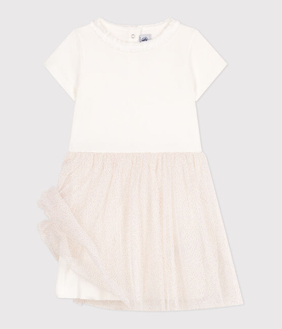 Vestido infantil de manga corta de algodón y tul blanco MARSHMALLOW/rosa COPPER
