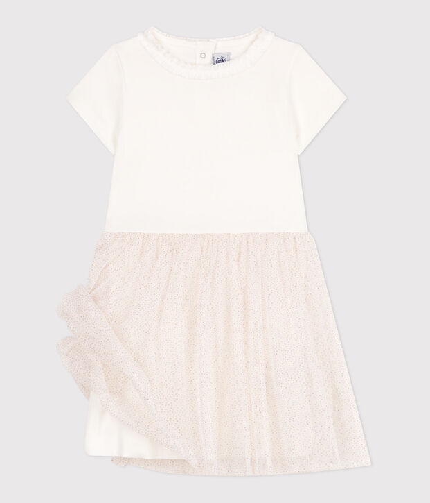 Vestido infantil de manga corta de algod&oacute;n y tul blanco/rosa
