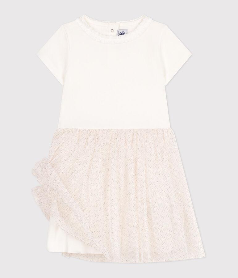 Vestido infantil de manga corta de algod&oacute;n y tul blanco/rosa
