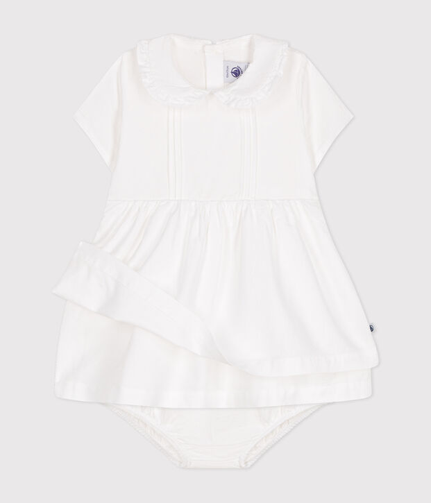 Vestido y pololo de piqu&eacute; de algod&oacute;n para beb&eacute; blanco