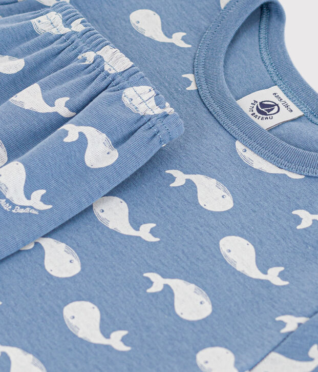 Pijama corto infantil de algod&oacute;n con estampado de ballena azul/blanco