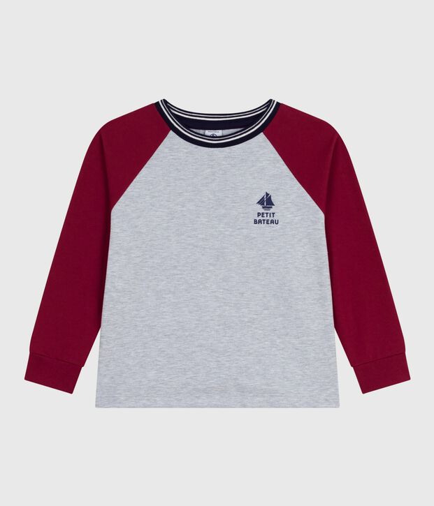 Camiseta infantil lisa de algod&oacute;n de manga larga gris/rojo