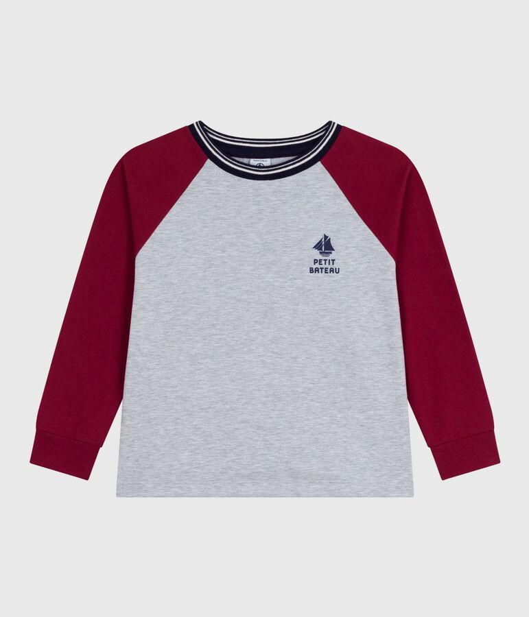 Camiseta infantil lisa de algod&oacute;n de manga larga gris/rojo