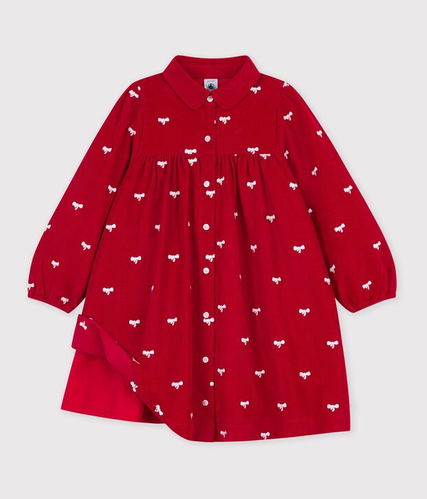 Vestido infantil de terciopelo de manga larga con estampado de lazos rojo/crudo