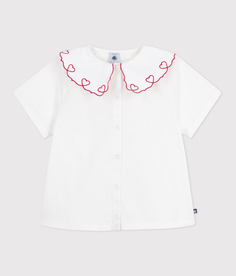 Blusa infantil de manga corta de popelina de algod&oacute;n lisa blanco