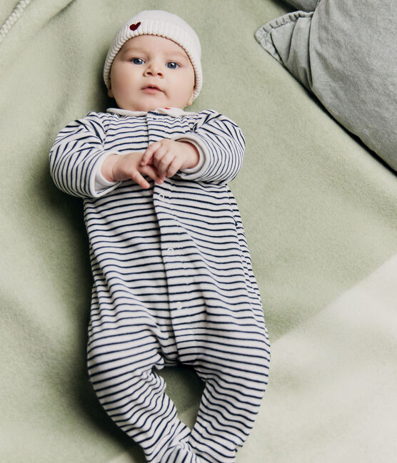 Pijama de terciopelo con cuello estampado para bebé blanco MARSHMALLOW/azul SMOKING