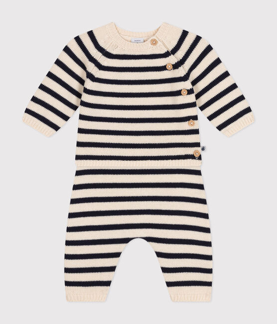 Conjunto de punto de lana y algodón a rayas marineras para bebé blanco AVALANCHE/azul SMOKING