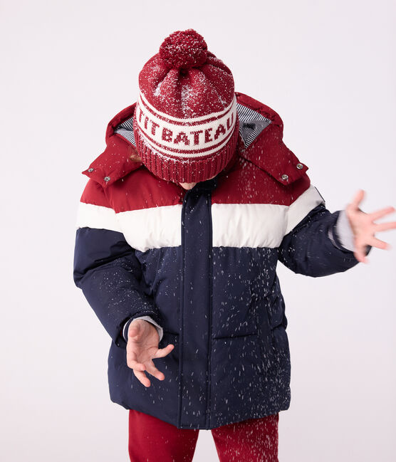 Gorro infantil de punto tricotado con forro polar Petit Bateau rojo AMARANTE/ MARSHMALLOW