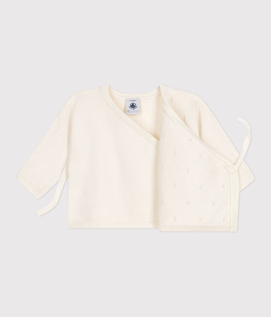 Jersey cruzado calado de punto tricotado de lana y algodón para bebé blanco MARSHMALLOW
