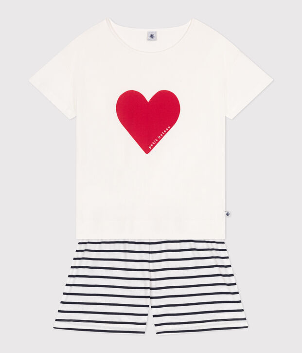 Pijama corto de algod&oacute;n con estampado de corazones para mujer blanco/azul