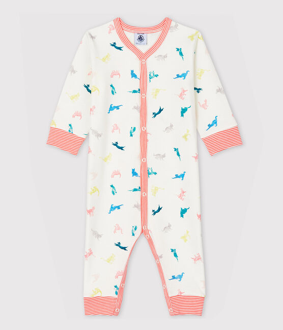 Pijama enterizo sin pies con gatitos de canalé de bebé blanco MARSHMALLOW/blanco MULTICO