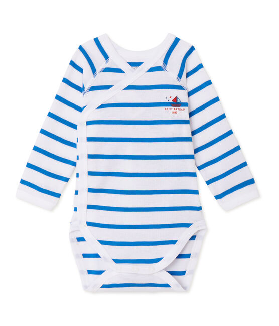 Body de manga larga de rayas de primera puesta para bebé niño blanco ECUME/azul DELPHINIUM