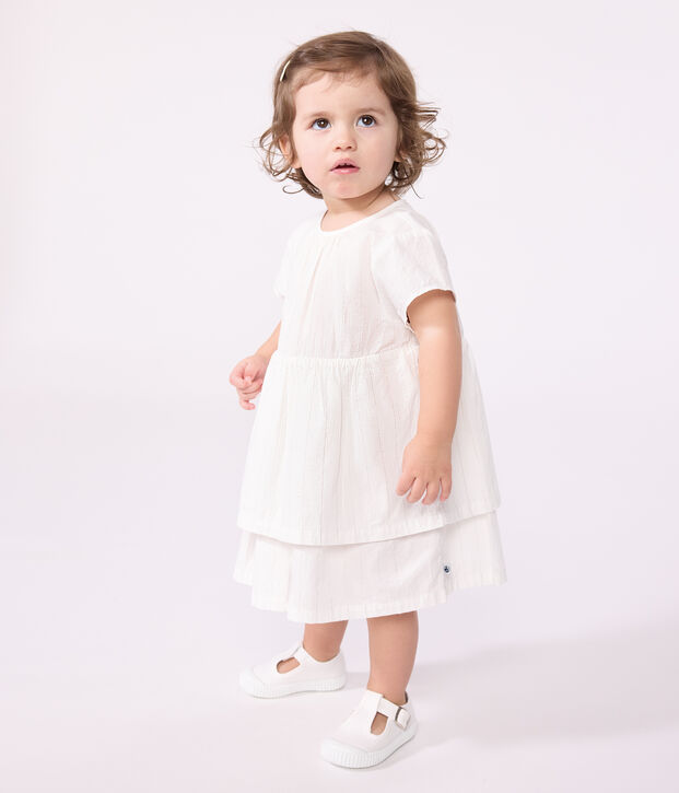 Vestido de ceremonia de manga corta de algod&oacute;n ligero para beb&eacute; blanco/gris