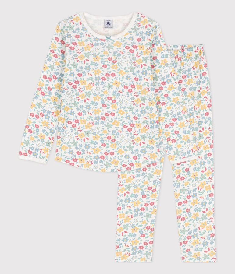 Pijama de algod&oacute;n con flores para ni&ntilde;a blanco MARSHMALLOW/blanco MULTICO