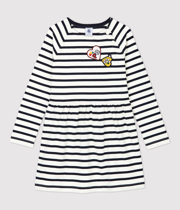 Vestido de manga larga de algod&oacute;n de ni&ntilde;a blanco/azul