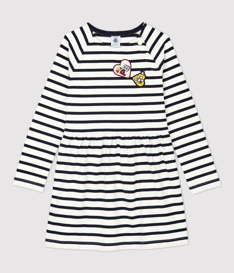 Vestido de manga larga de algod&oacute;n de ni&ntilde;a blanco/azul