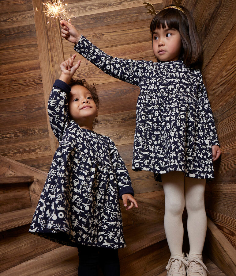 Vestido con estampado de manga larga de t&uacute;bico de ni&ntilde;a azul/crudo