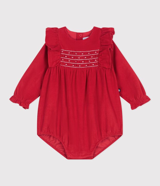 Mono corto de pana con frunces y volantes para beb&eacute; rojo
