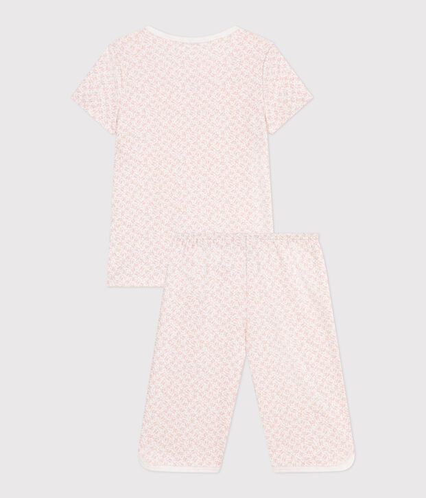 Pijama pirata infantil de algod&oacute;n con estampado de flores blanco/rosa