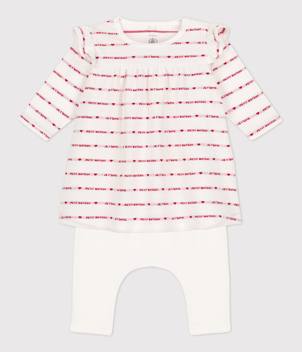 Vestido legging de jacquard de algod&oacute;n para beb&eacute; blanco/rojo