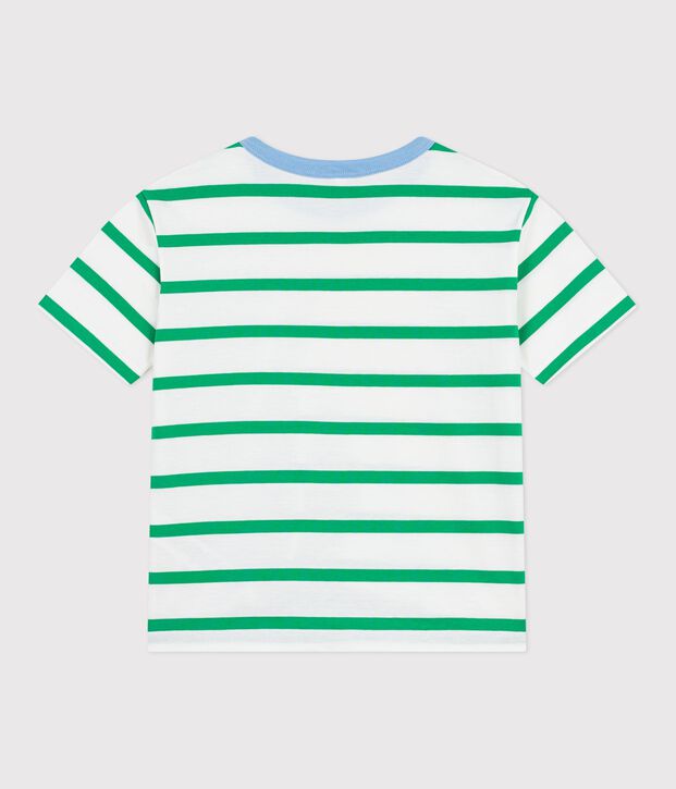 Camiseta infantil de manga corta de algod&oacute;n a rayas blanco/verde