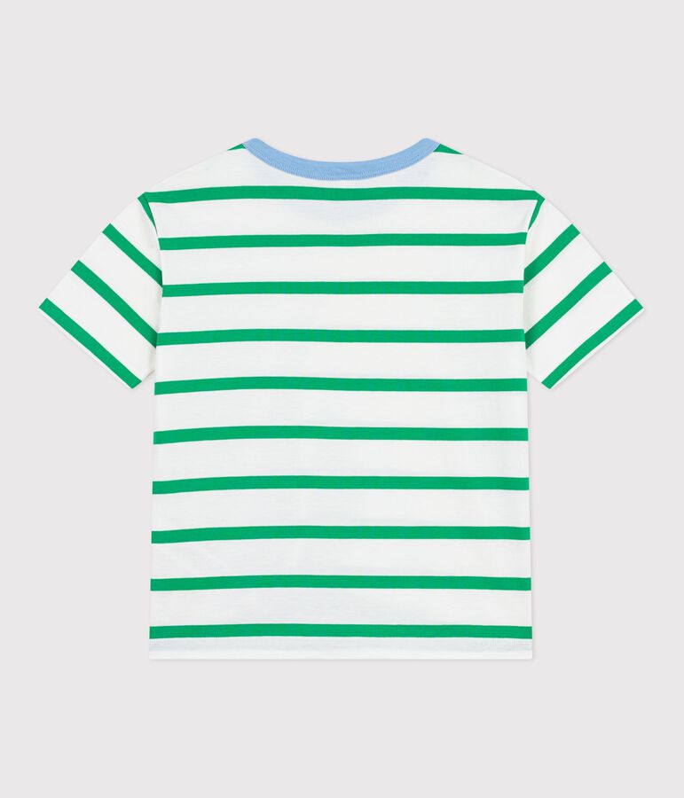 Camiseta infantil de manga corta de algod&oacute;n a rayas blanco/verde
