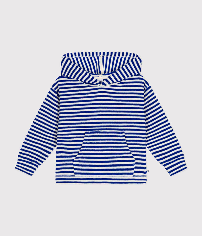 Sudadera infantil de rizo a rayas con capucha azul/crudo