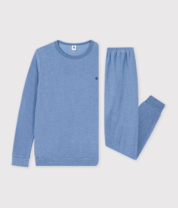 Pijama infantil liso de rizo de algod&oacute;n azul