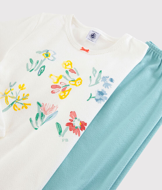 Pijama de flores primaverales de niña de algodón azul TIKI/blanco MARSHMALLOW