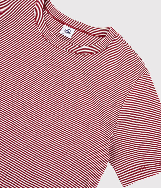 Camiseta de cuello redondo emblemática de algodón a rayas de mujer rojo SANGRIA/ MARSHMALLOW
