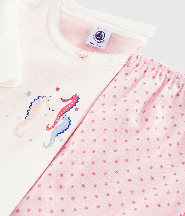Pijama corto de caballitos de mar de algod&oacute;n de ni&ntilde;a blanco/rosa