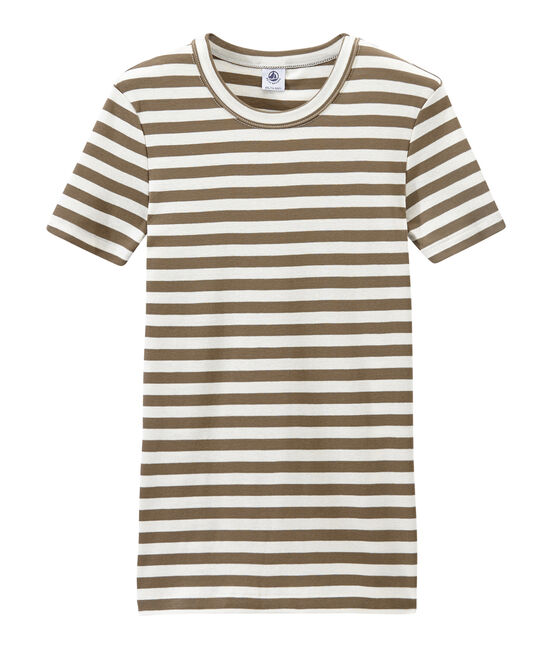 Camiseta de mujer en canalé original de rayas marron SHITAKE/blanco MARSHMALLOW
