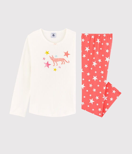 Pijama de estrellas de niña de algodón blanco MARSHMALLOW/rosa PEACHY