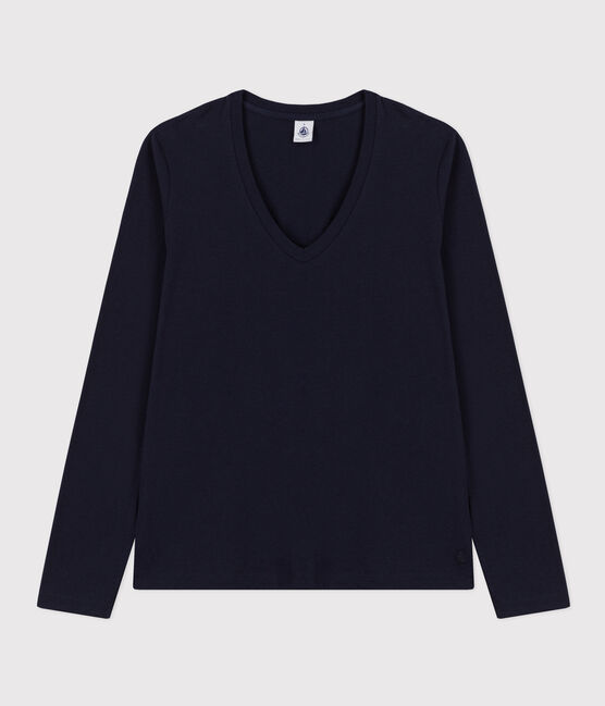 Camiseta LA RECTA de algodón con cuello de pico para mujer azul SMOKING