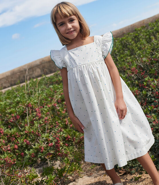 Vestido infantil largo sin mangas de algodón con lunares blanco MARSHMALLOW/blanco MULTICO
